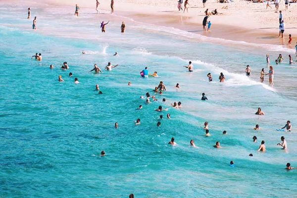 A view of swimmers and beach goers at Bondi Beach