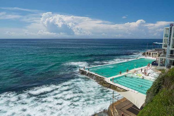 Iconic view of Icebergs Swimming Baths at Bondi Beach