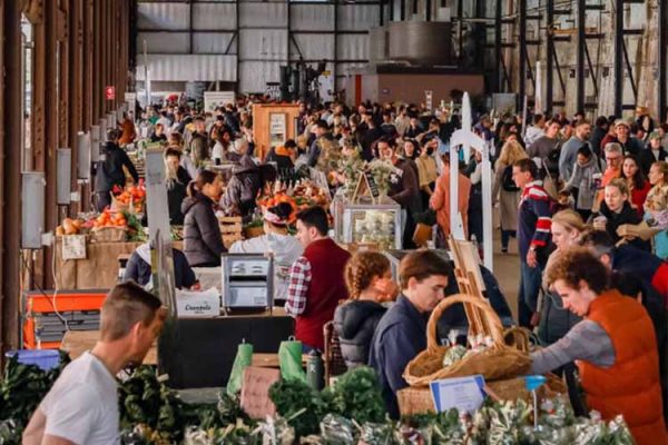 A busy view of the Carriageworks Farmers Markets