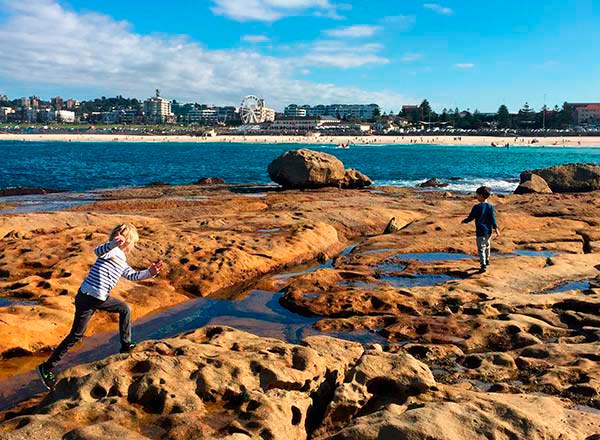 An image of rock hopping at Bondi Beach on the best kids tour in Sydney