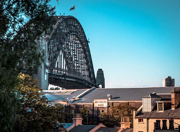 A view of the Sydney Harbour Bridge from the Rocks